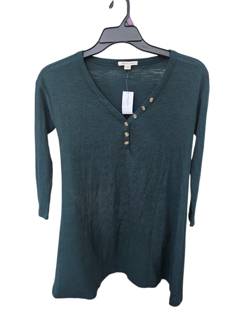 American Eagle Ribbed Thermal Tunic Green Henley Swing Dress Size XS